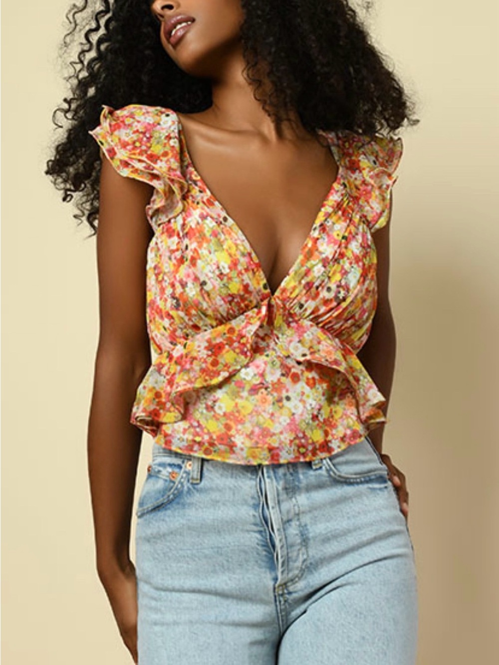 Hutch Floral Peplum Ruffle Blouse Top Open Tie Back Plunging V-Neck Size S